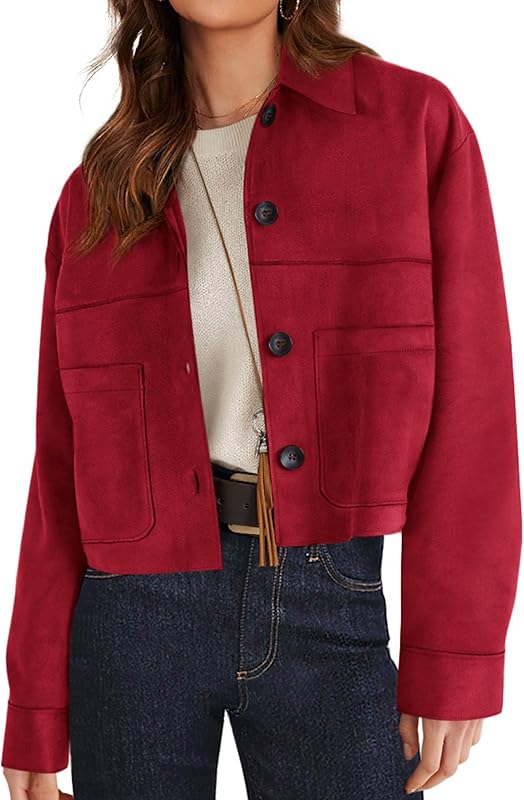 Women's Faux Suede Cropped Jacket Casual Lightweight Fall Fashion 2025 Winter Coats Outerwear Trendy Clothes - Seldom Seen Styles