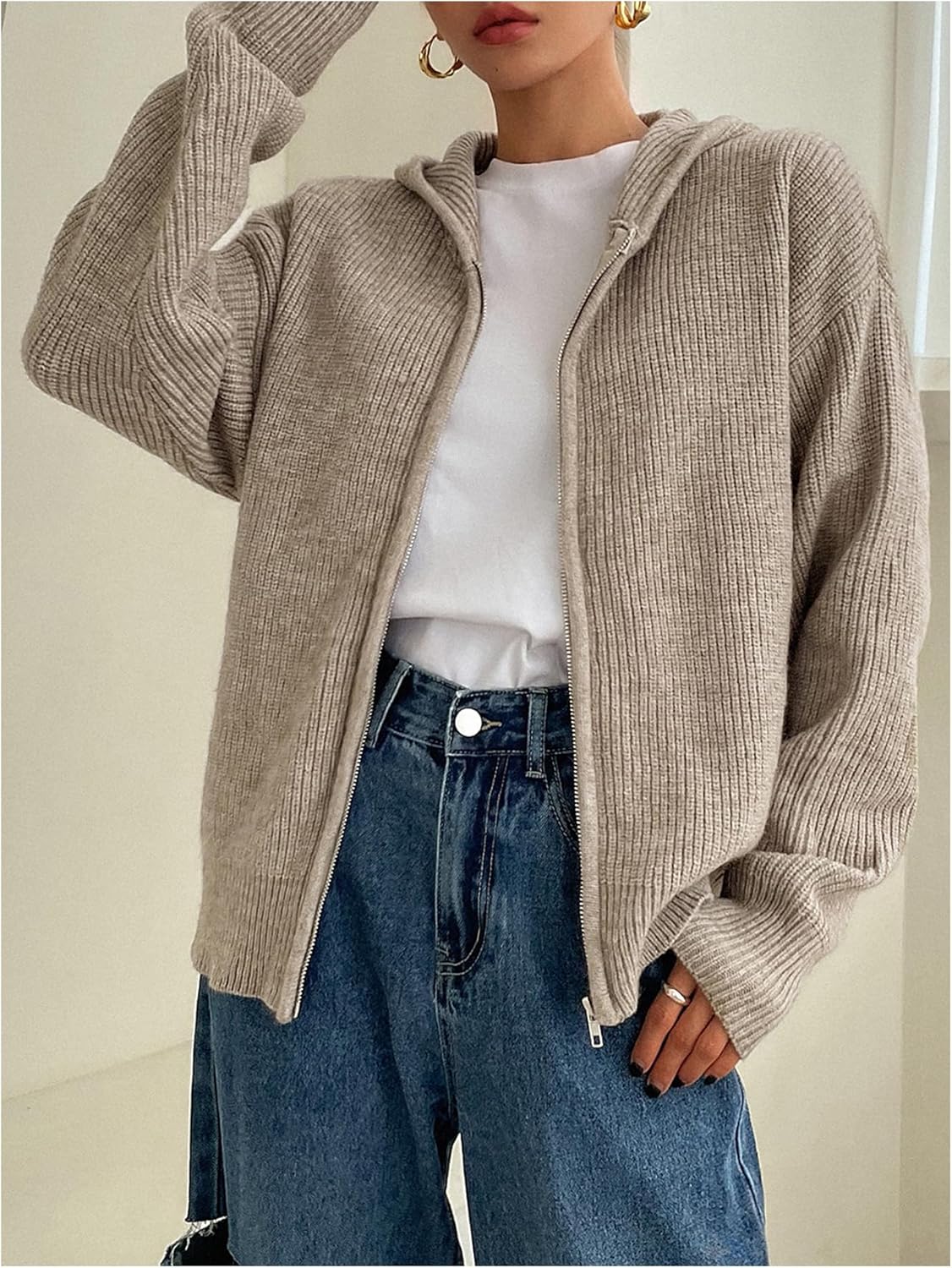 Women's Zip Up Hooded Cardigan Sweater Knitted Drop Shoulder Fall Hoodies Outerwear - Seldom Seen Styles