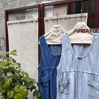 Women's Denim Sleeveless Drawstring Waist Midi Dress with Pockets Light Blue Dark Blue Casual Jean Dress