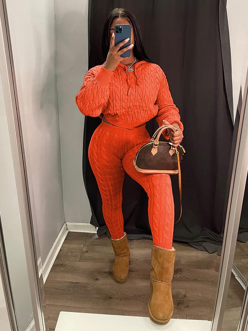 Women's Minimalist Textured Long Sleeve Crop Hooded Sweater & High Waist Skinny Pants Set, Casual Cozy Lady Knitwear Outfits Suits, Basic Womenswear - Seldom Seen Styles