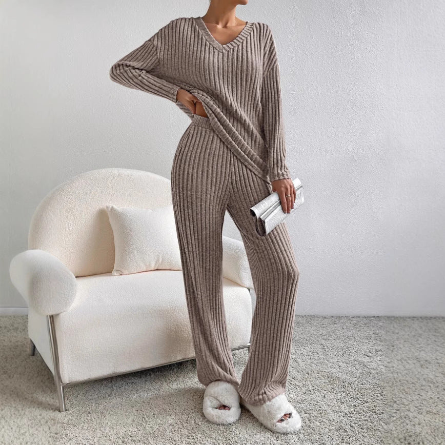 V Collar  Stripe Knitted Suit Two-Piece Set for Women2024Autumn New Fashion Casual Straight-Leg Pants Loose Temperament