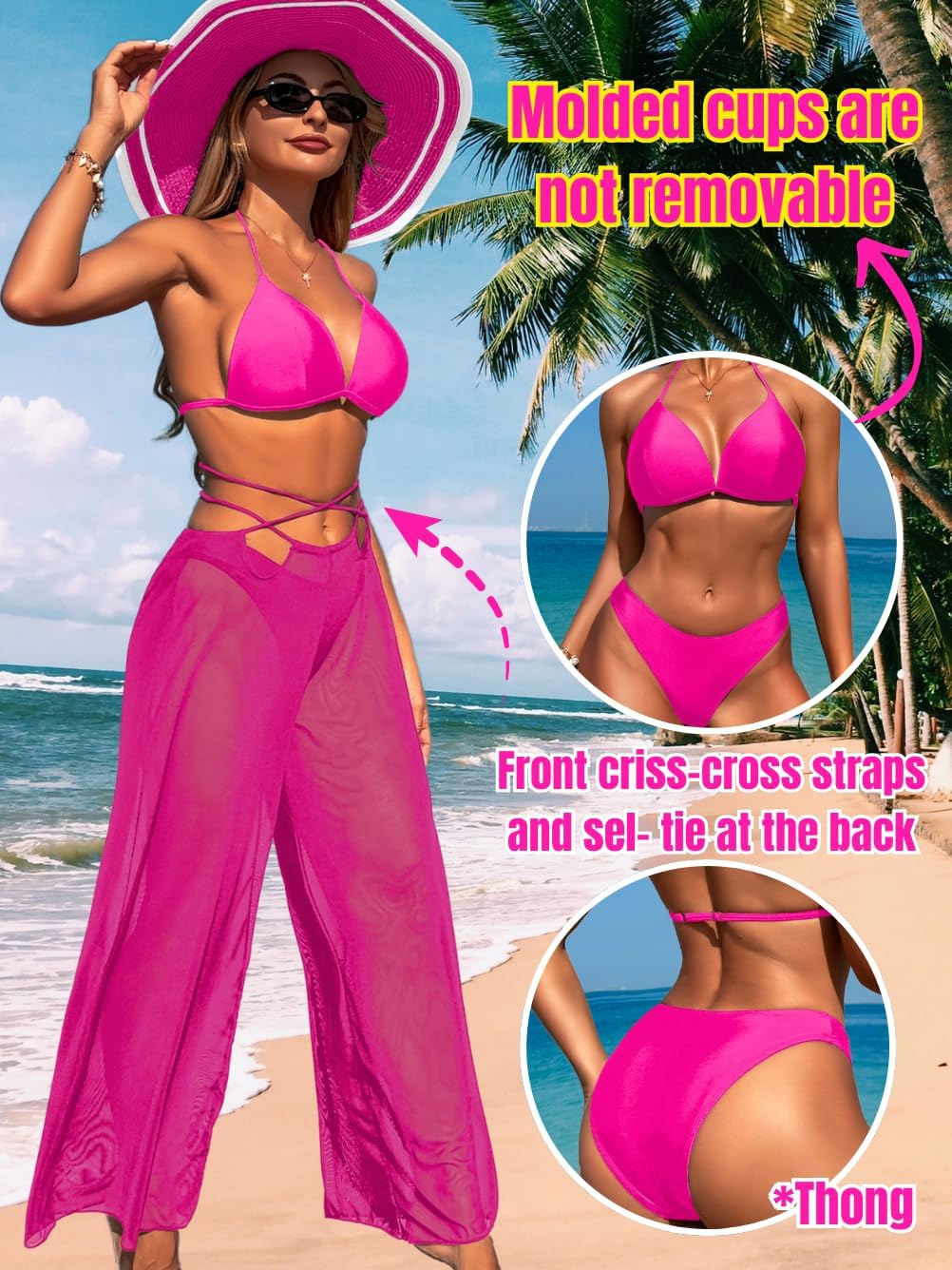 3 Piece Bikini Sets with Mesh Cover Up Pants, Halter Cheeky Thong Swimsuits, Sexy Bathing Suits for Women - Seldom Seen Styles