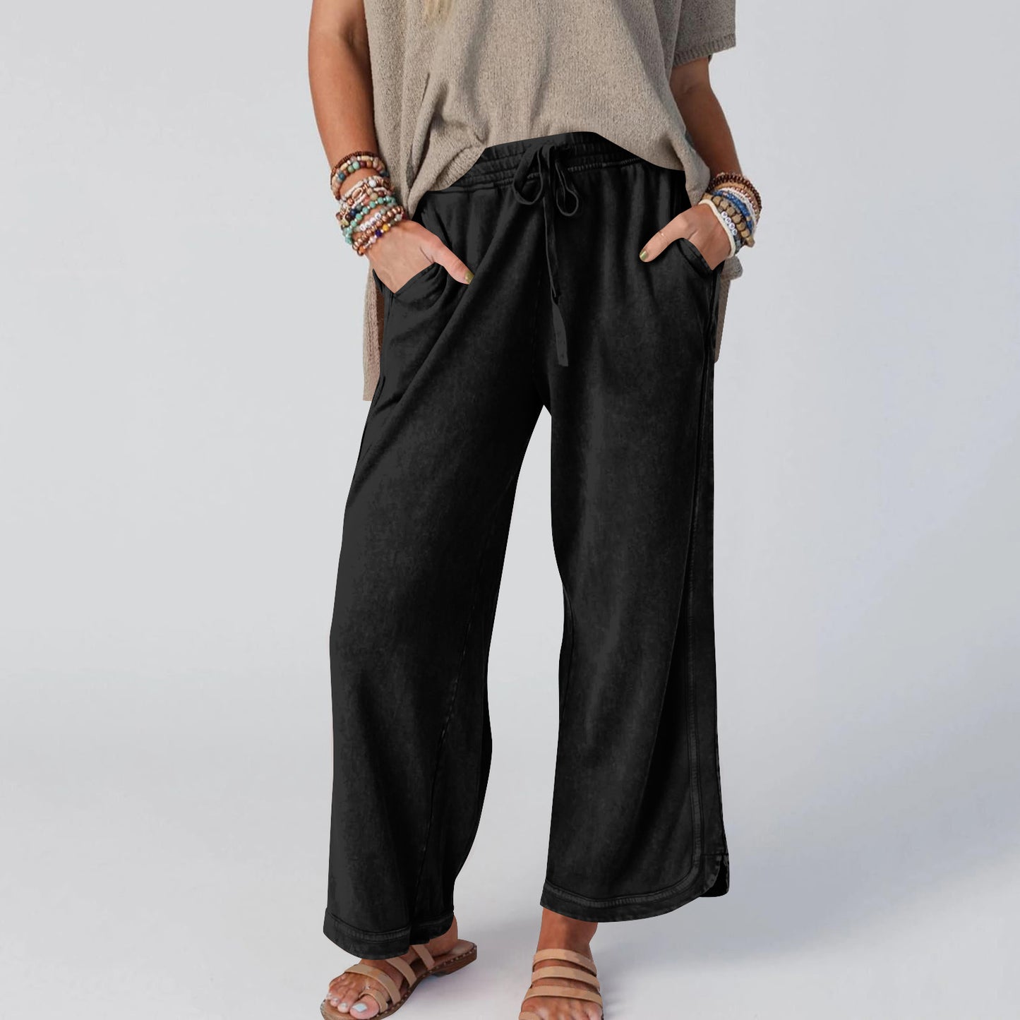 Womens Washed Wide Leg Sweatpants Vintage High Waist Baggy Pants Drawstring Athletic Palazzo Trousers with Pockets - Seldom Seen Styles