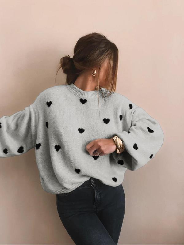 Women's All Over Heart Print Drop Shoulder Sweater, Casual Long Sleeve Round Neck Jumper for Fall & Winter, Fashion Ladies' Knitwear for Daily Wear - Seldom Seen Styles