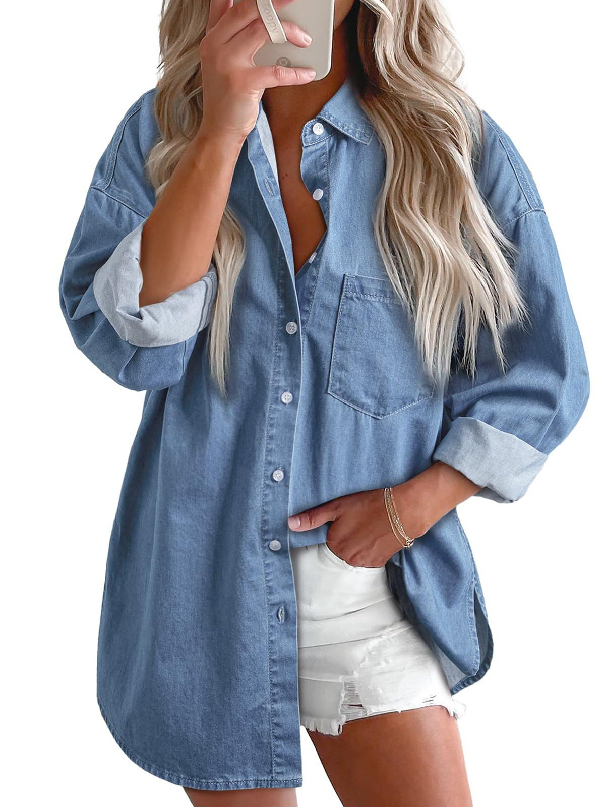 Astylish Women 2024 Denim Shirts Button Down Blouse Long Sleeve V Neck Casual Top