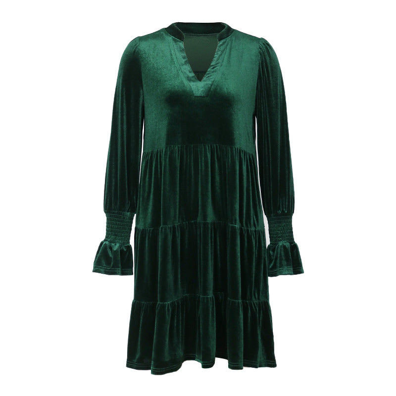 2024 Women’s Elegant Velvet Long Sleeve Dress Casual Fall V Neck A Line Babydoll Flowy Formal Wedding Party Mini Dress