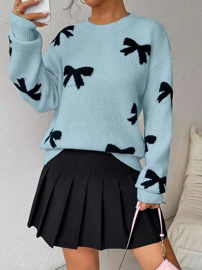 Fashion Bow Print Casual Basic Loose Knitted Sweater Pullover Autumn/Winter Women Pullovers New O-Neck Full Sleeve Knit Sweater, Knitwear