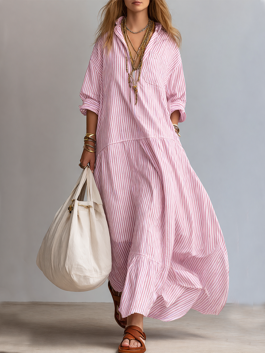 Blue Stripe Relaxed Shirt Maxi Dress - Seldom Seen Styles