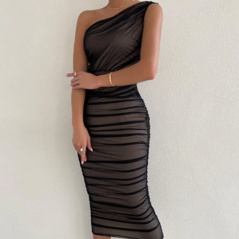 Double Layer Ruched Mesh Midi Dress - Seldom Seen Styles