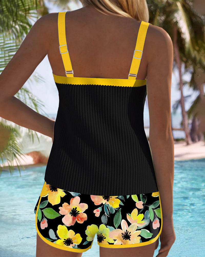 Women's Tummy Control Tankini Set Floral Shorts Swim