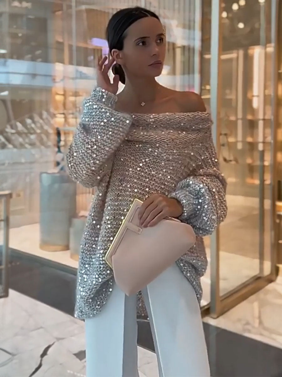 Sparkle Off Shoulder Knit Sweater - Seldom Seen Styles
