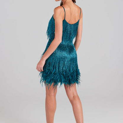 Sleeveless Fringed Sequin Feathered Mini Dress