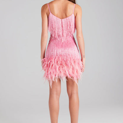 Sleeveless Fringed Sequin Feathered Mini Dress