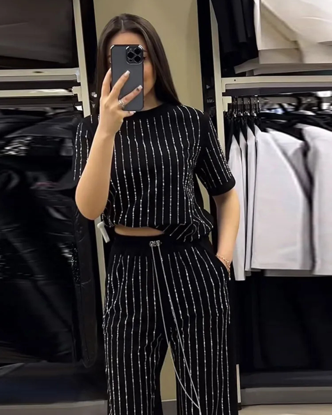 Women's Casual Solid Color Round Neck Hot Diamond Short Sleeve Two-Piece Suit Elegant Stripe 2 Piece Sets for Wome - Seldom Seen Styles