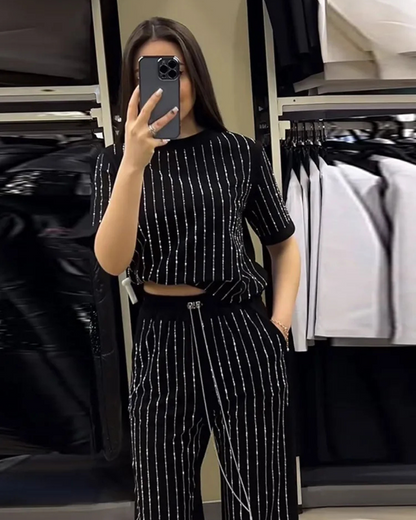 Women's Casual Solid Color Round Neck Hot Diamond Short Sleeve Two-Piece Suit Elegant Stripe 2 Piece Sets for Wome