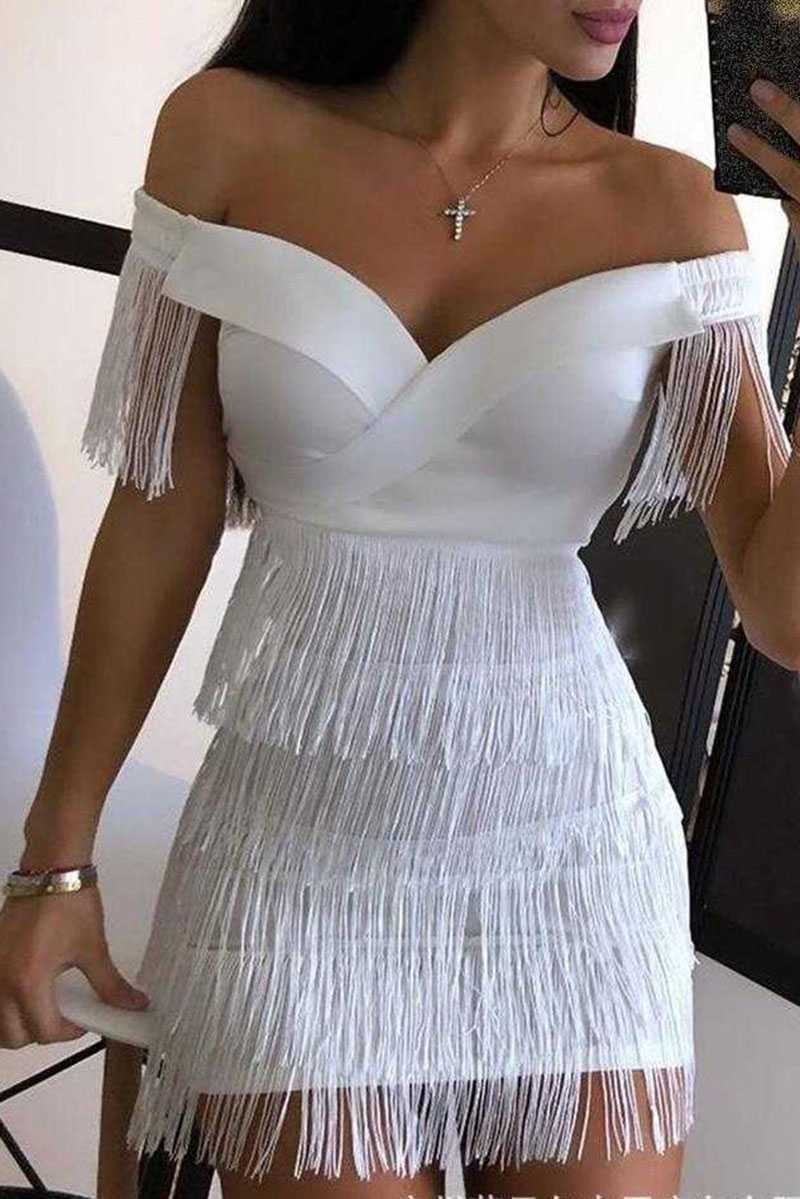 Women's White Fringe Mini Dress Off Shoulder Tassel Party Dress - Seldom Seen Styles