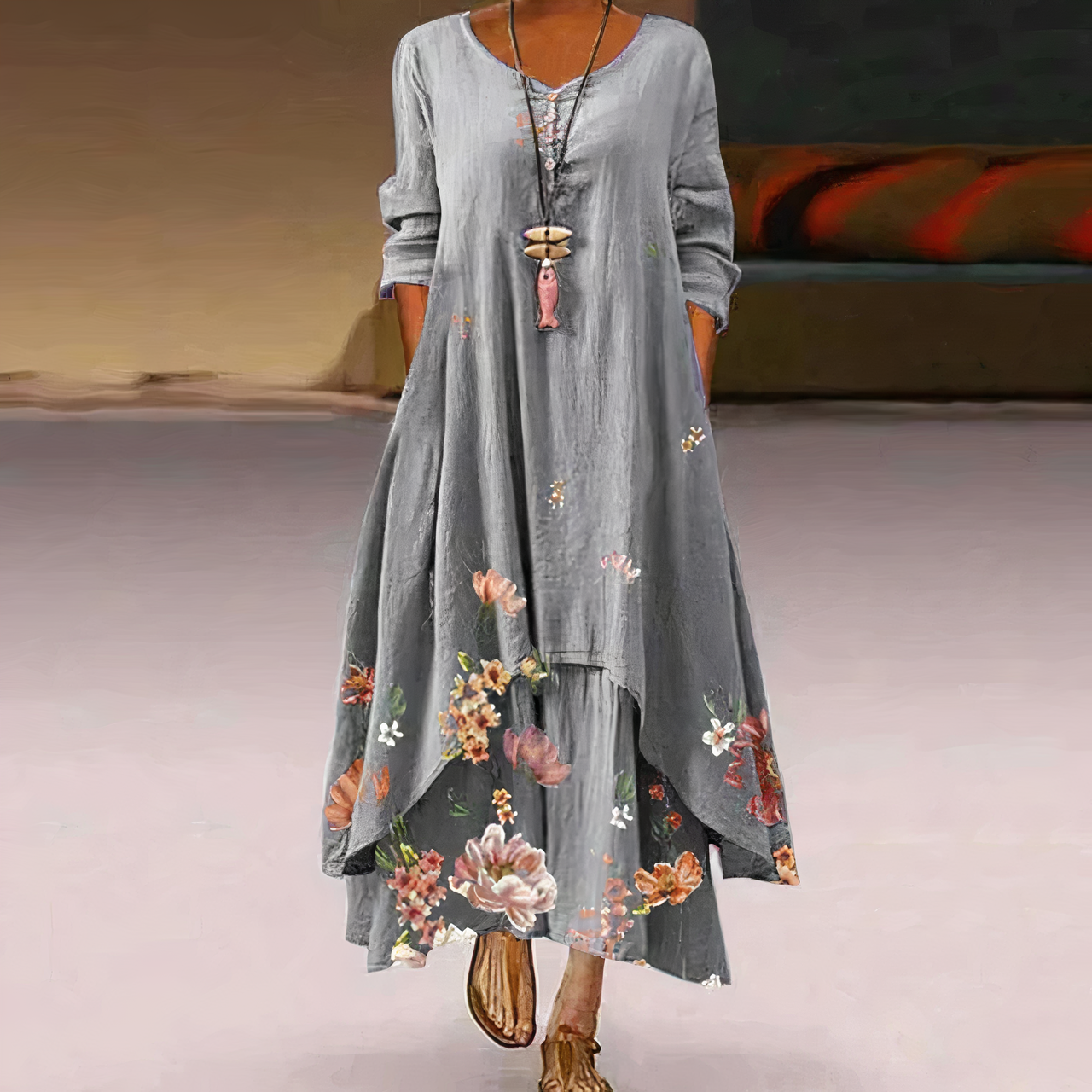 Flora | Women's Floral Print Long Sleeve Loose Maxi Dress - Seldom Seen Styles