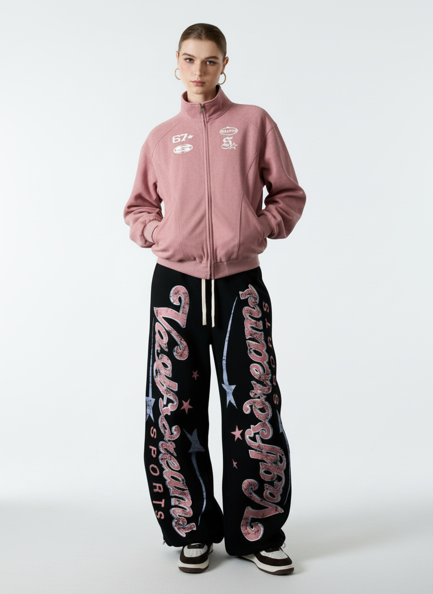 Retro Graphic Fleece-Lined Baggy Sweatpants