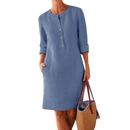 Spring New Popular plus Size Women's Clothing Cotton and Linen round-Neck Long-Sleeved Dress