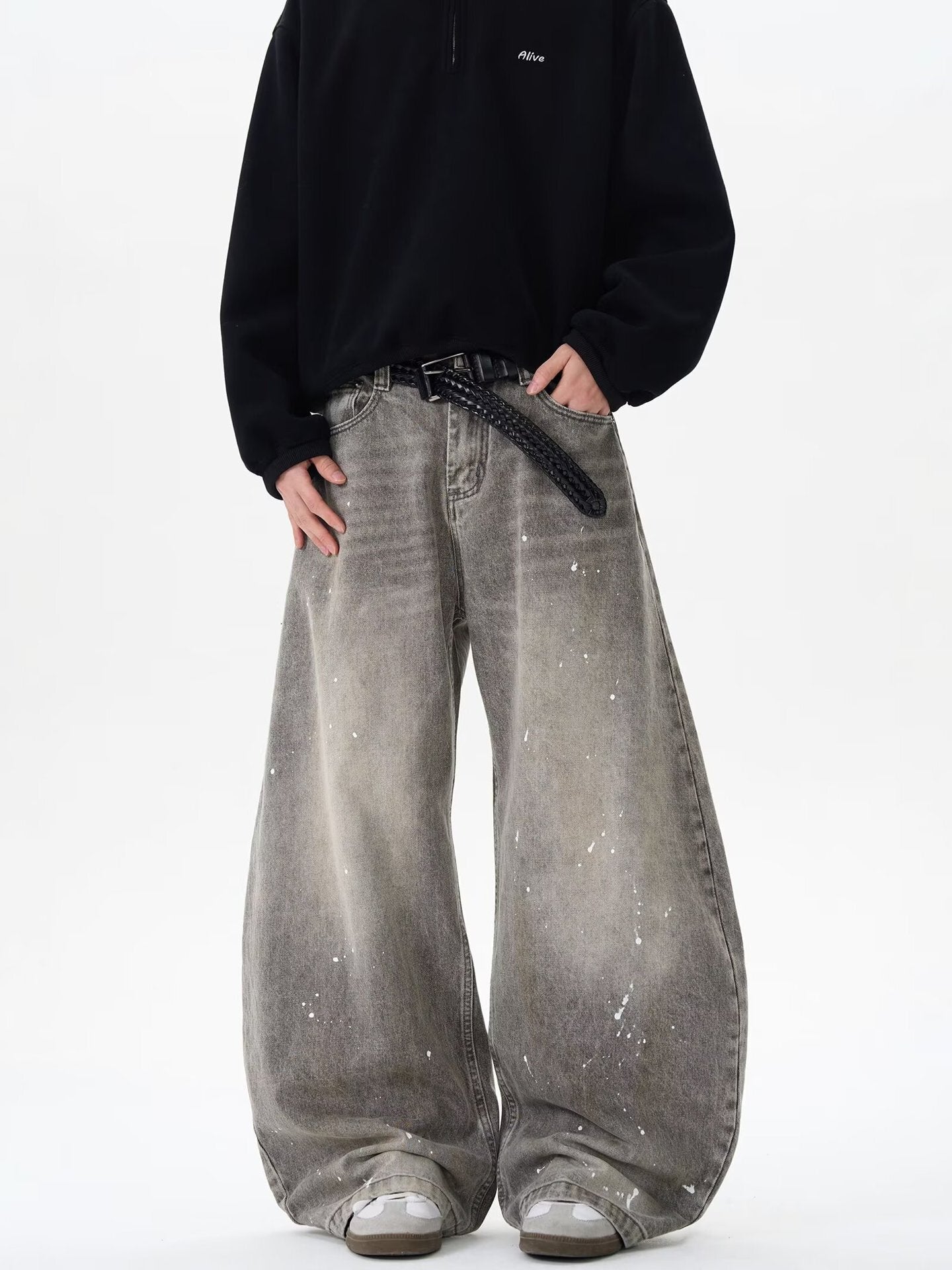 Grunge Paint-Splatter Wide-Leg Denim Pants mry001630 - Seldom Seen Styles