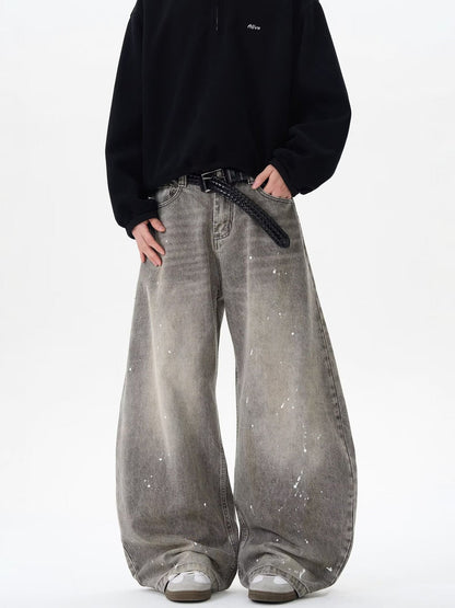 Grunge Paint-Splatter Wide-Leg Denim Pants mry001630