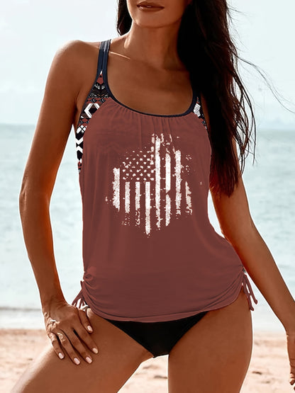 Geometric American Flag Print Elastic Waist Two-Piece Tank Top，Cutout Strap Slimming Swimsuit，Women's Swimsuit and Clothing - Seldom Seen Styles