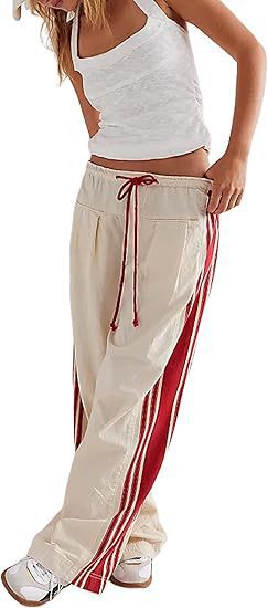 Women Y2k Track Pants Side Striped Wide Leg Baggy Pants Casual Drawstring Waist Parachute Sweatpants Streetwear - Seldom Seen Styles