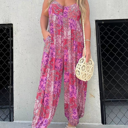 Women's High Waist Trendy Loose Printing Shoulder Girdle Jumpsuit