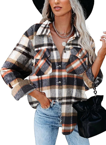 BTFBM Women Shacket Jacket Long Sleeve Button Down Casual Plaid Flannel Shirts Loose Fall Spring Blouses Tops