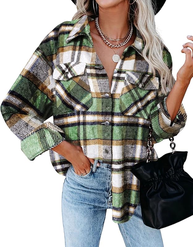 BTFBM Women Shacket Jacket Long Sleeve Button Down Casual Plaid Flannel Shirts Loose Fall Spring Blouses Tops