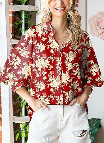 Astylish Women 2024 Loose V-Neck Shirts Paisley Print Lantern Sleeve Blouse Tops