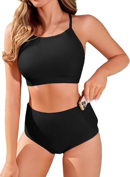 Women's High Waisted Bikini Sets Sporty Two Piece Swimsuit Tummy Control Bathing Suit with Pockets - Seldom Seen Styles