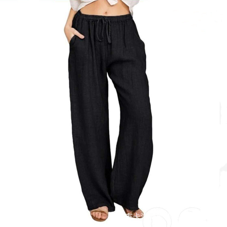 Women's Summer Drawstring Waist Wide Leg Loose Cotton Linen Palazzo Pants - Seldom Seen Styles