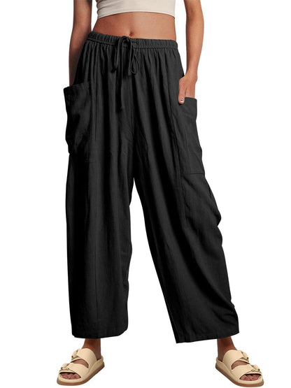 Pantalon large pour femme, décontracté, ample, avec cordon de serrage, fluide, pour l'été, la plage, style sarouel, avec poches