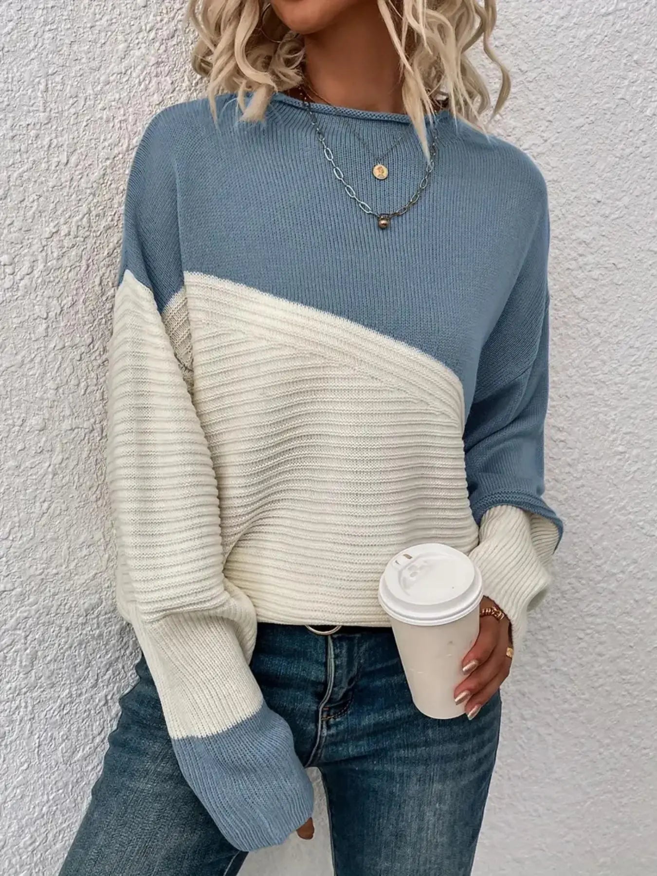 Women's Colorblock Drop Shoulder Sweater, Casual Long Sleeve Round Neck Jumper, Ladies' Knitwear for Everyday Wear, Sweaters for Women, Womenswear - Seldom Seen Styles