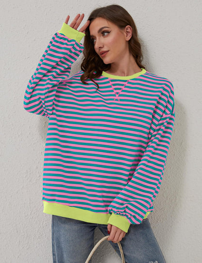 Womens Striped Oversized Sweatshirt Color Block Crew Neck Long Sleeve Casual Loose Pullover Top Y2K Clothes