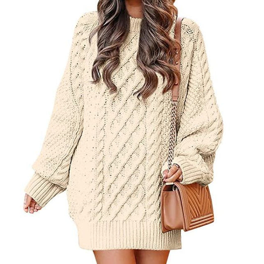 European and American Women's Clothing round Neck Long Sleeve Large Profile Twisted Knitted Thick Needle Pullover Mid-Length Warm Sweater for Women Dress