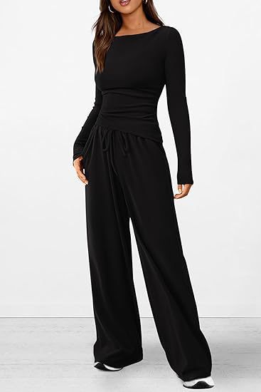 Ensembles de détente 2 pièces pour femmes : t-shirt asymétrique à manches longues, pantalon large, tenue décontractée, survêtement, vêtements minimalistes basiques 