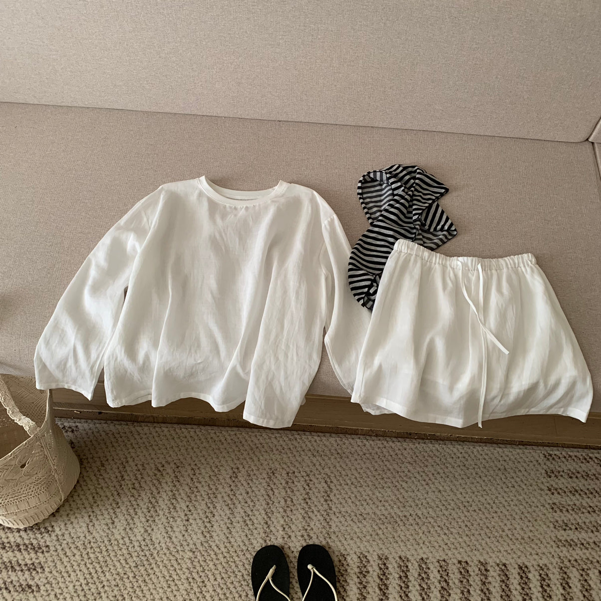 Women's Linen Blend Round Neck Long Sleeve Top Mini Skirt Set Boho Beach Vacation Summer Outfit