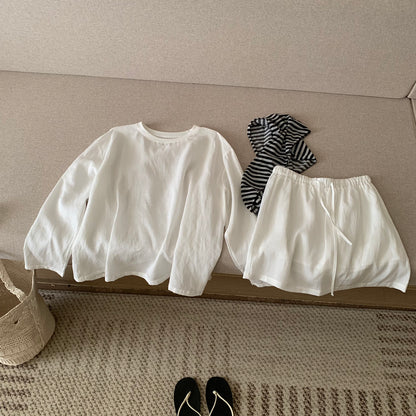 Women's Linen Blend Round Neck Long Sleeve Top Mini Skirt Set Boho Beach Vacation Summer Outfit