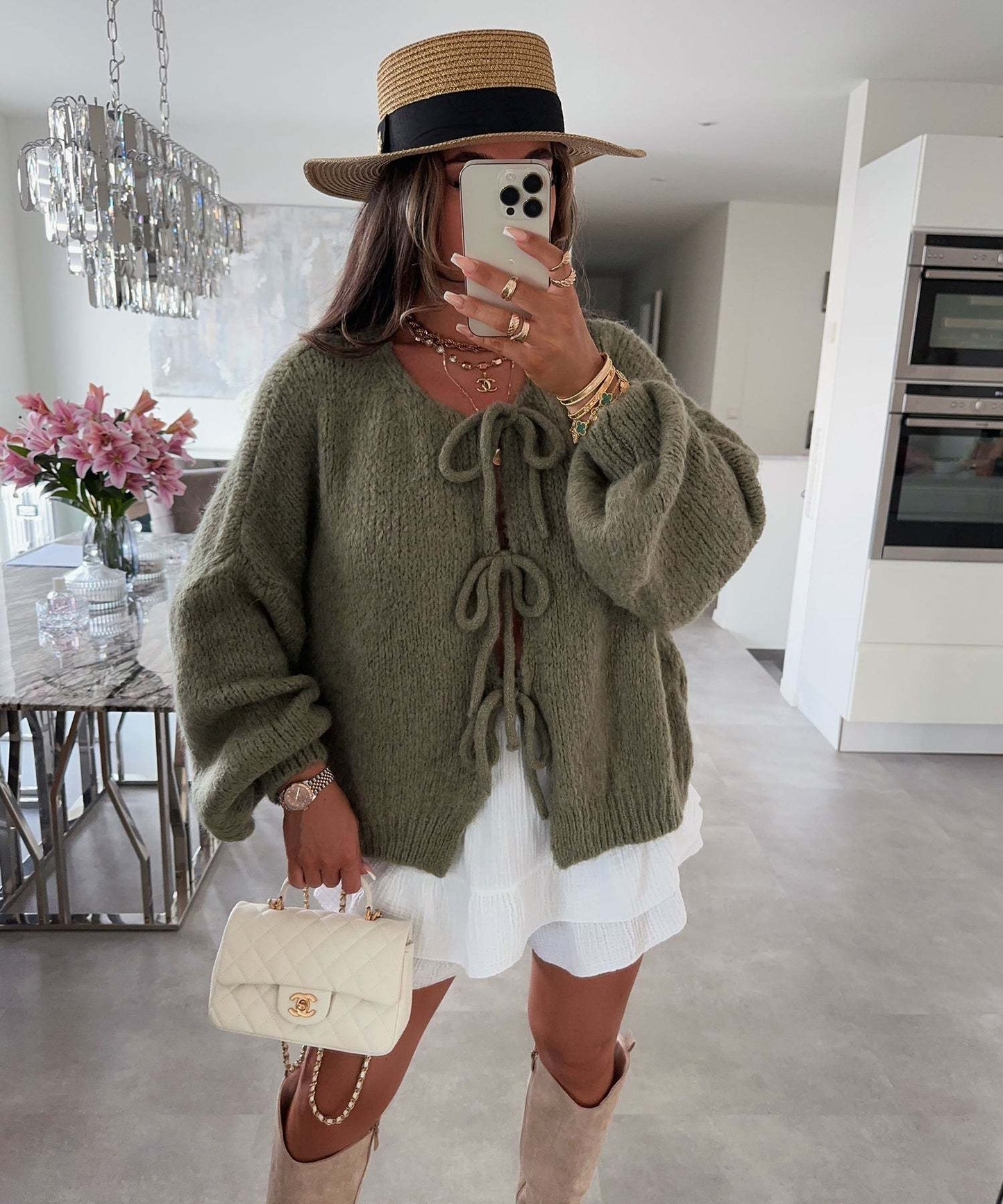 round Neck Tied Knitted Cardigan Jacket Autumn  Winter New Solid Color Commute Simple Sweater Women