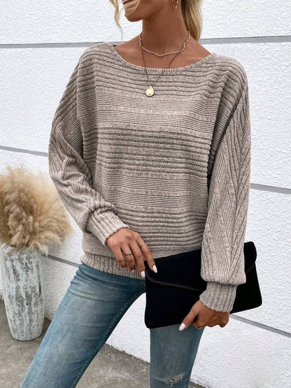 Women's Plain Round Neck Batwing Sleeve Tee, Casual Long Sleeve Crew Neck T-shirt for Fall & Winter, Fashion Aesthetic Ladies' Knit Clothing for Daily Wear