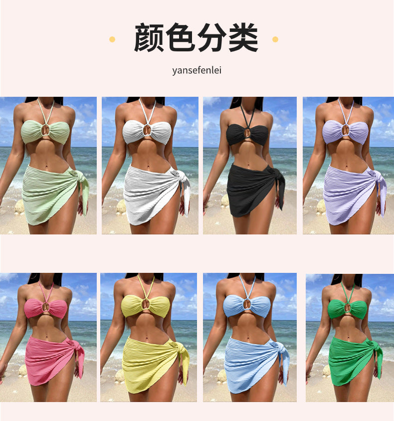 bikini Three-Piece Gauze Skirt Swimsuit Bikini Halter Solid Color Swimwear - Seldom Seen Styles