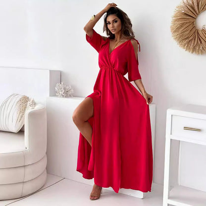 off the shoulder maxi dress long modest dress Mid-Length Dress with Five-Quarter Sleeves