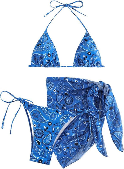 Bikini Sets for Women Paisley Print Halter Triangle Bathing Suit 3 Piece Swimsuit with Sarong Cover Up - Seldom Seen Styles