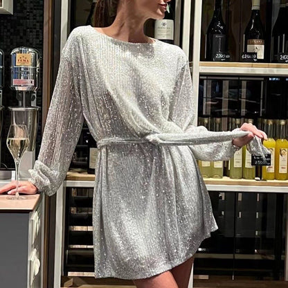 Elegant Sequin Party Dress for Women - Sparkling Long Sleeve, Round Neck with