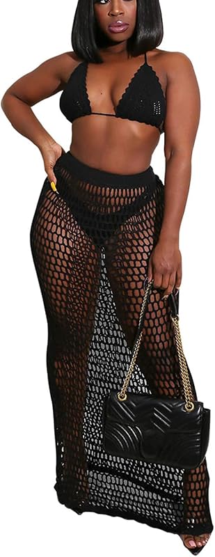 Women Sexy Beach Coverups Summer 2 Piece Outfits Crochet Mesh Fishnet Bikini Top and Maxi Skirt Set - Seldom Seen Styles