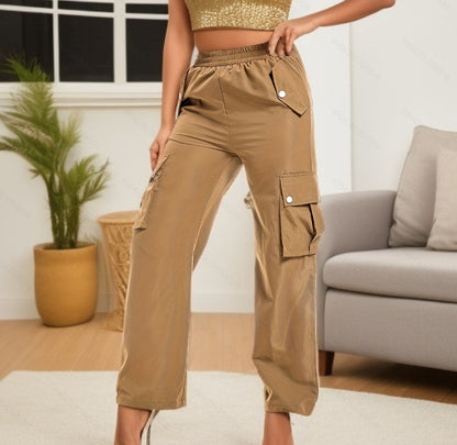 Girl's Elastic Waist Trousers Loose Straight Leg Flap Pocket Cargo Pants