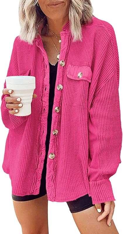 Yanekop Womens Waffle Knit Shacket Oversized Shirt Jacket Button Down Blouse Loose Fit Long Sleeve Tops