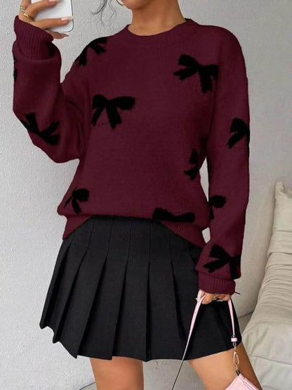 Fashion Bow Print Casual Basic Loose Knitted Sweater Pullover Autumn/Winter Women Pullovers New O-Neck Full Sleeve Knit Sweater, Knitwear